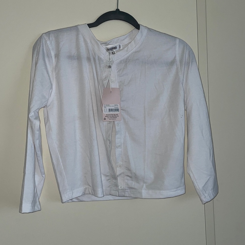 Tall button front long sleeve crop top white